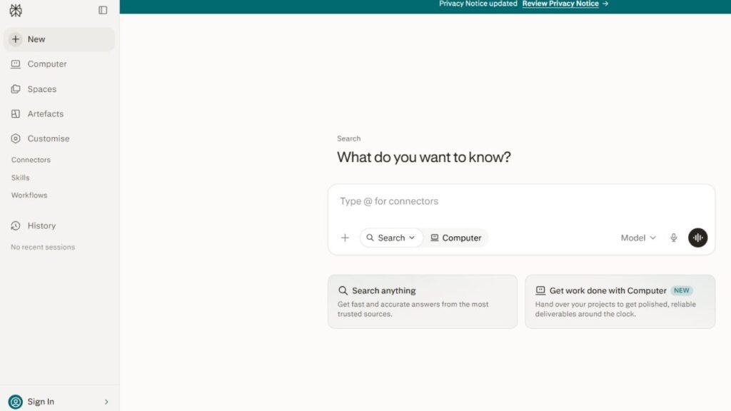 Perplexity AI search interface for student research
