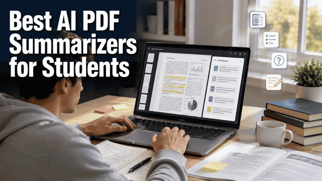 Best AI PDF Summarizers for Students with a student analyzing academic PDFs and study documents on a laptop