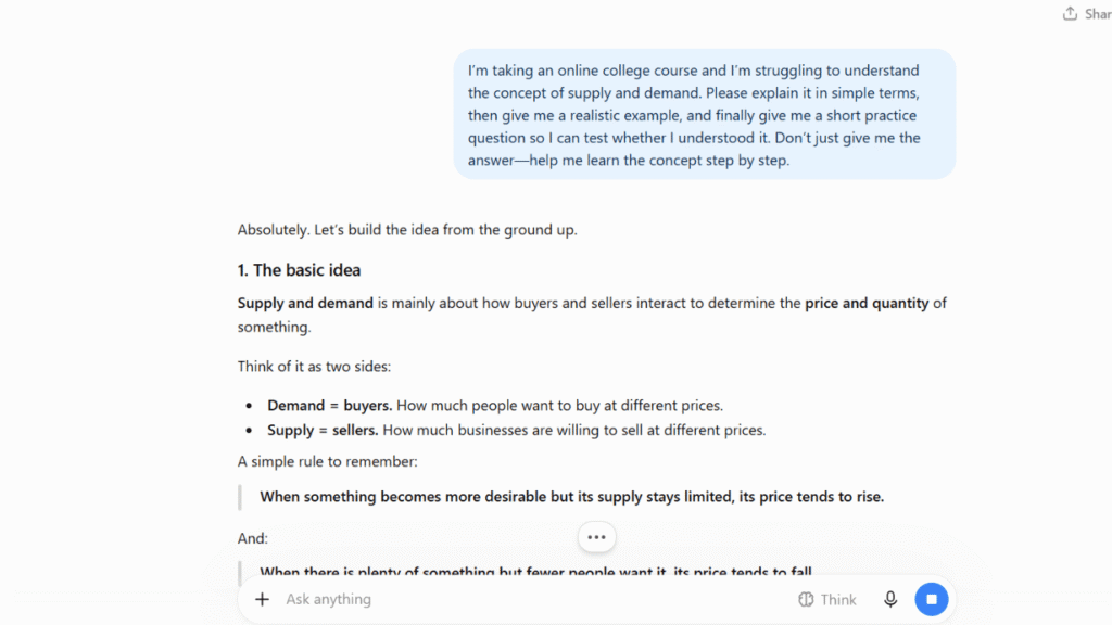 ChatGPT interface showing an online student asking AI to explain a difficult course concept