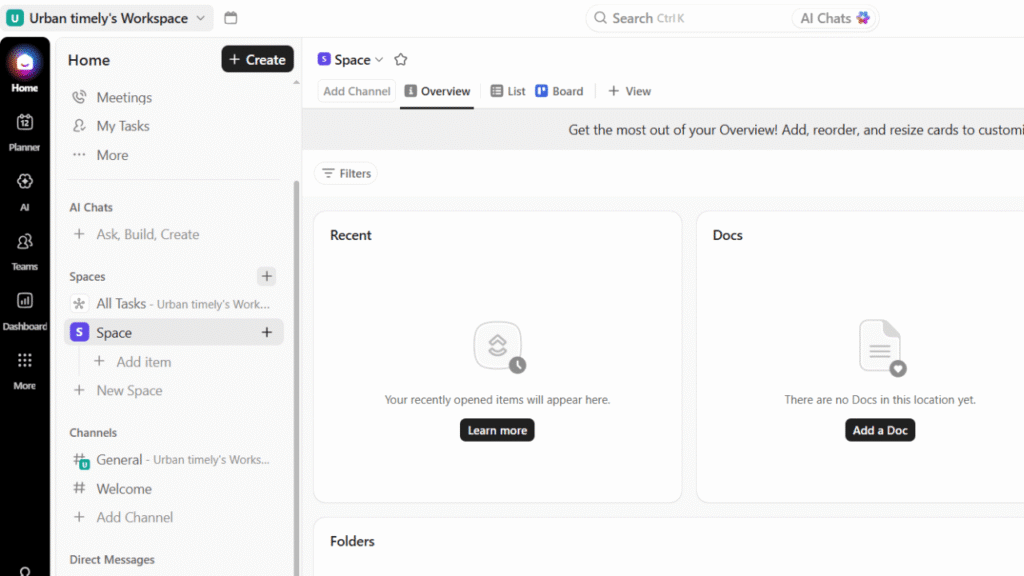 ClickUp project workspace showing student assignments, tasks, deadlines and project management features