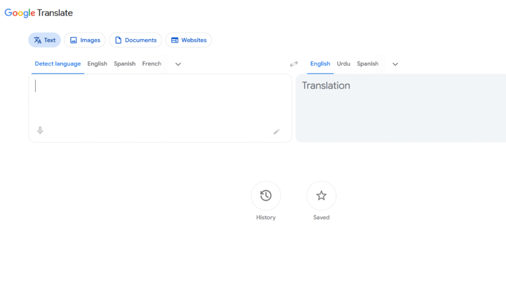 Google Translate interface showing text, image, document, and website translation options