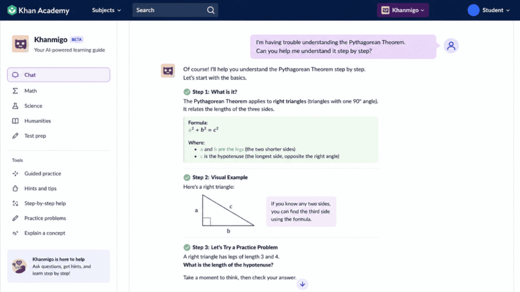 Khanmigo learning interface showing guided AI tutoring for a student problem