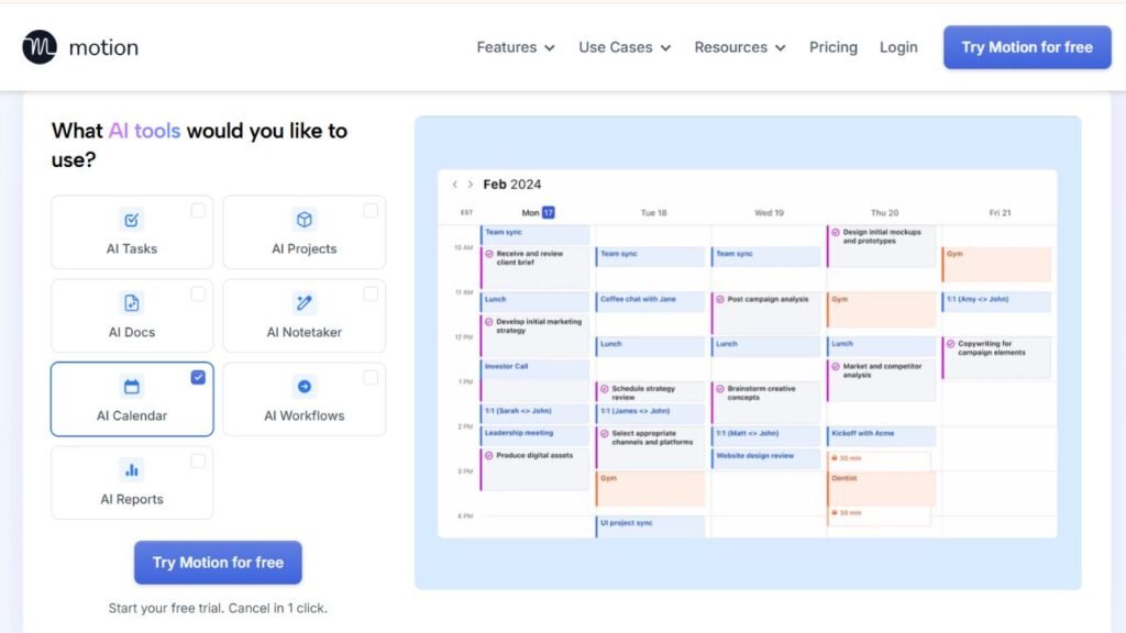 Motion AI study planner dashboard with automated task scheduling and calendar management