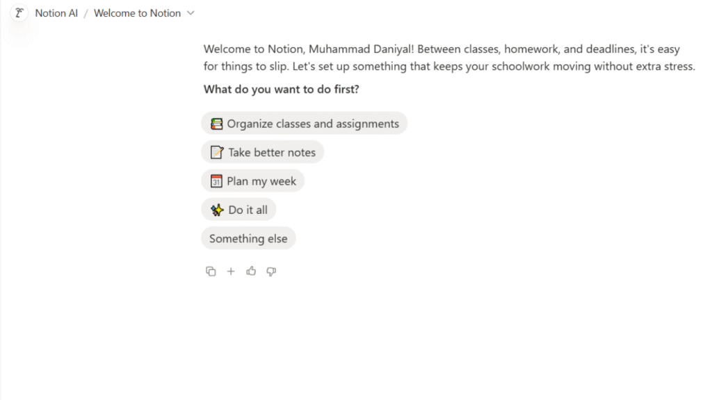 Notion workspace showing a student dashboard with academic tasks, notes, projects and AI productivity features