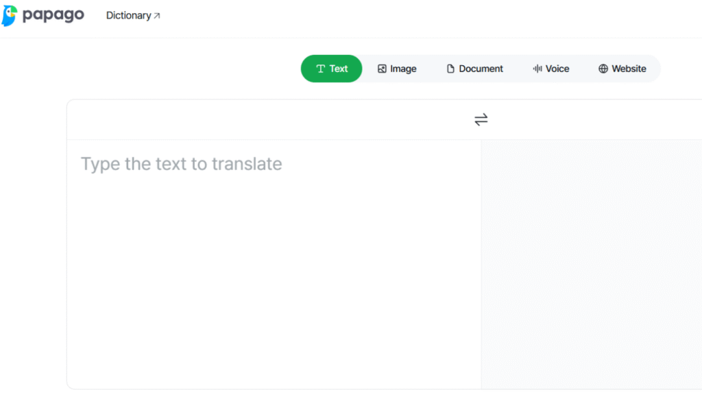 Papago translation interface showing multilingual text and document translation options