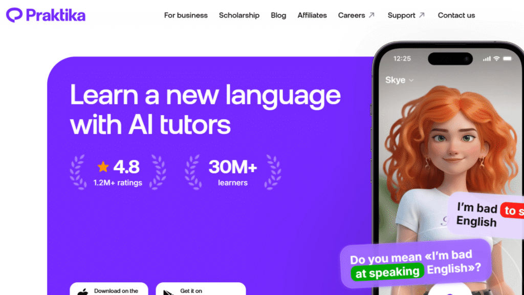 Praktika AI language tutor interface showing interactive conversation practice for language learners.