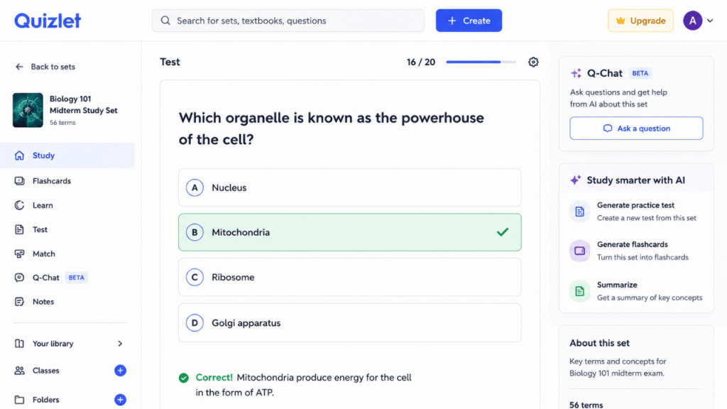 Quizlet AI study interface showing generated practice questions and study materials