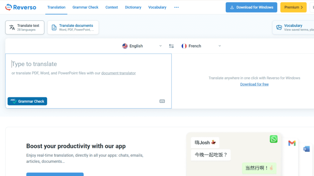 Reverso Context interface showing a translated phrase with contextual examples and vocabulary information