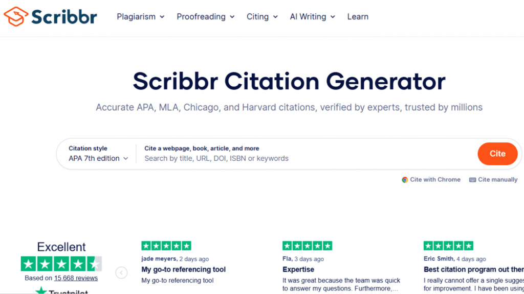 Scribbr Citation Generator showing source lookup and formatted citation options.