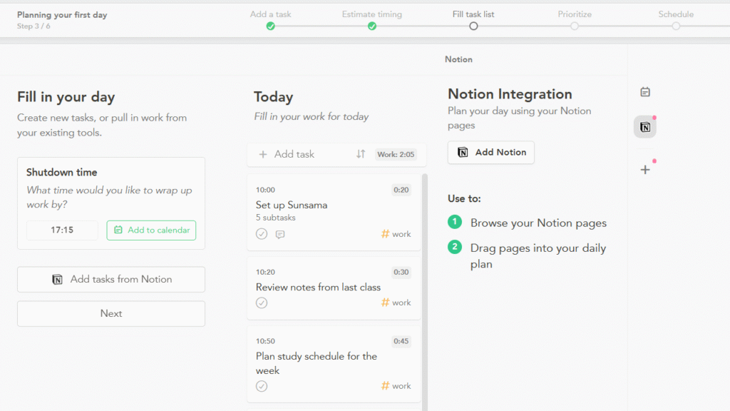 Sunsama daily planning interface showing a student's tasks organized alongside calendar events