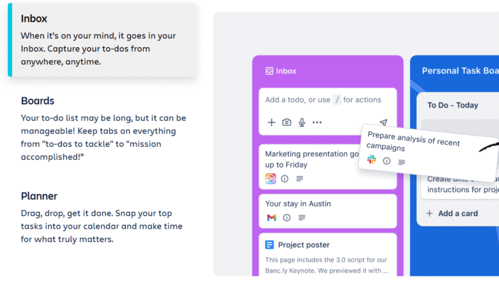 Trello board showing student tasks organized into columns for planning, active work and completed assignments