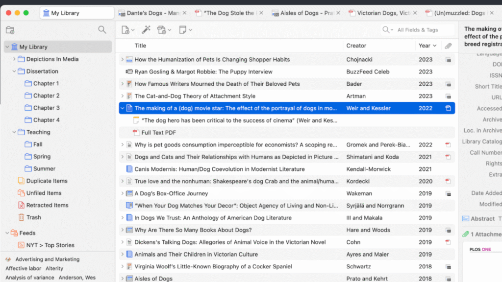 Zotero reference library displaying organized academic sources and citation management options.