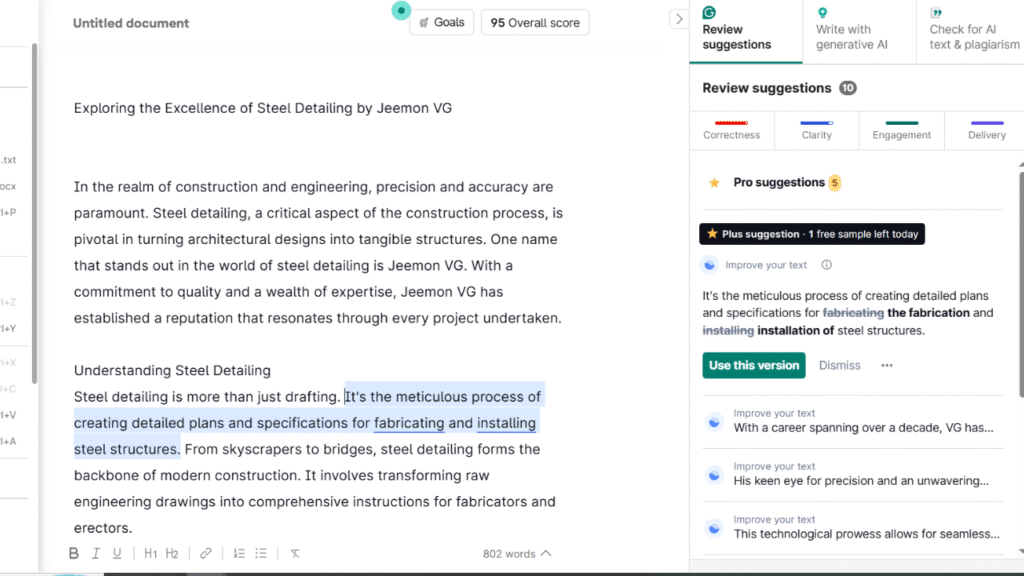 Grammarly reviewing a college student's essay for grammar, clarity, tone, and writing improvements